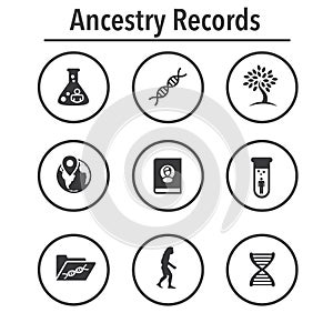 Ancestry or Genealogy Icon Set with Family Tree Album, DNA, beak