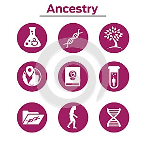 Ancestry or Genealogy Icon Set with Family Tree Album, DNA, beak photo