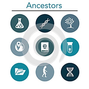 Ancestry or Genealogy Icon Set with Family Tree Album, DNA photo