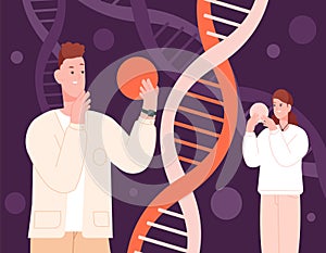 Ancestry genetics. Cartoon people holding molecule dna, genetic science, explore gene chromosome, scientific experiment