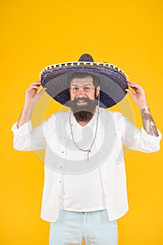 Ancestry language and cultural traditions. Discover ethnic and geographic origins. Bearded man in mexican hat. Mexican