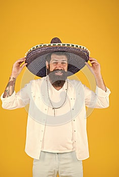 Ancestry language and cultural traditions. Discover ethnic and geographic origins. Bearded man in mexican hat. Mexican