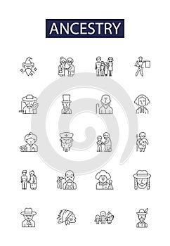 Ancestry line vector icons and signs. Descent, Origins, Heritage, Ancestors, Progenitors, Pedigree, Posterity, Dynasty