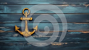 Anchor on blue wooden planks background. Copy space.