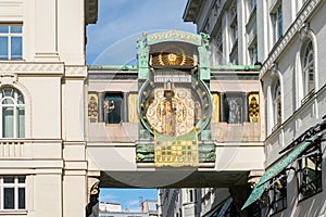 The Anchor Clock Ankeruhr in Vienna downtown district. Famous landmark and touristic destination in Austria