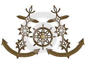 Anchor compass and ship steering wheel