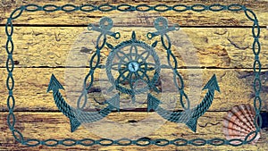 Anchor compass and ship steering wheel on wooden board