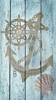 Anchor compass and ship steering wheel on wooden board