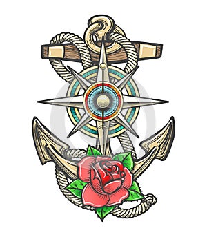 Anchor with Compass Wind rose and Rose Flower