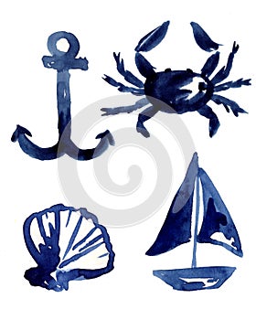 Anchor, crab, shell, ship. Blue watercolor nautical set of icons