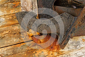 Anchor on Derelict Wooden Fishing Boat Wreck closeup