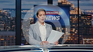 Anchor discussing daily events television closeup. Woman translating live news