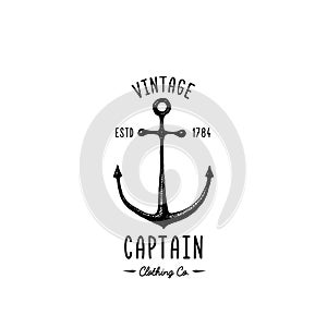 Anchor engraved vintage in old hand drawn or tattoo style, drawing for marine, aquatic or nautical theme, wood cut, blue