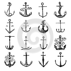 Anchor engraved vintage in old hand drawn or tattoo style, drawing for marine, aquatic or nautical theme, wood cut, blue