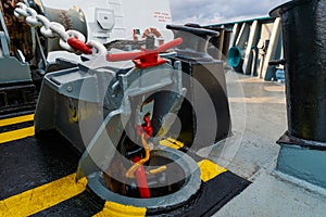 Anchor equipment of ship. Mooring bollards, anchor chain and stoppers