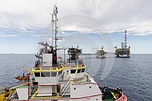 An anchor handling tug boat maneuvering at offshore oil field