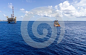 An anchor handling tug boat maneuvering at offshore oil field