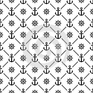 Anchor and helm ship seamless pattern. Black symbol boat or steering on white background. Repeated marine texture. Repeat nautical