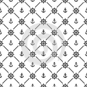 Anchor and helm ship seamless pattern. Black symbol boat or steering on white background. Repeated marine texture. Repeat nautical