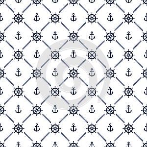 Anchor and helm ship seamless pattern. Blue symbol boat or steering on white background. Repeated marine texture. Repeat maritime