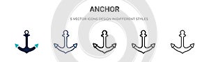 Anchor icon in filled, thin line, outline and stroke style. Vector illustration of two colored and black anchor vector icons