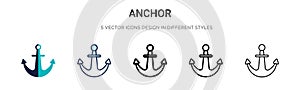 Anchor icon in filled, thin line, outline and stroke style. Vector illustration of two colored and black anchor vector icons