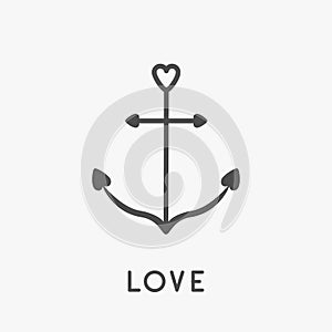 Anchor icon in shapes of heart. Nautical sign symbol. Ship anchor. Love greeteng card. Isolated White background. Flat design