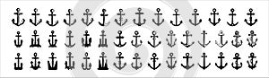 Anchor icons set collection. Assorted ship anchors vector set. Nautical and sailing symbol. Vector stock illustration