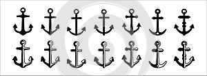 Anchor icons set collection. Assorted ship anchors vector set. Nautical and sailing symbol. Vector stock illustration