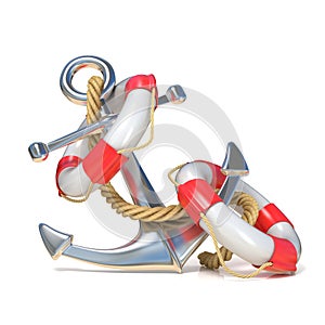 Anchor, lifebuoy and rope. 3D render