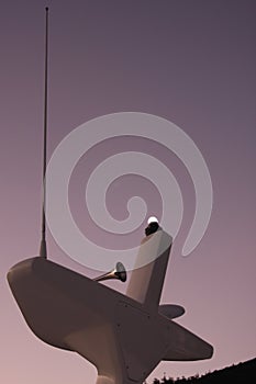 Anchor light, horn and radio antenna atop the mast of a catamaran photo