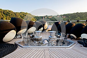 Anchor lowering and raising mechanism, Anchor Buoys and rigging on  the foredeck of a luxurious yacht