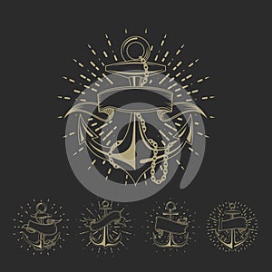 Anchor maritime sailor tattoo set or vintage nautical logo collection