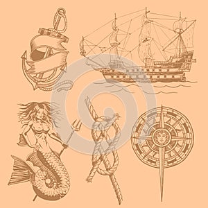 Anchor, mermaid, rose of wind, knot vintage drawing. Vector