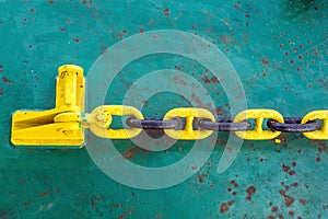 Anchor mooring chain on a construction work barge