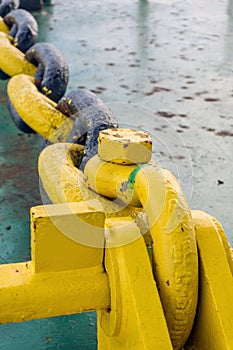 Anchor mooring chain on a construction work barge