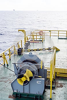 Anchor mooring winch on a construction work barge