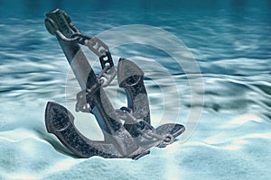 Anchor on ocean bottom underwater. 3D rendering