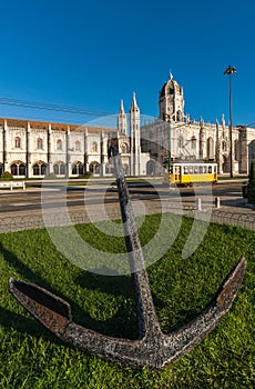 Anchor opposite the Archeological Museum in Belem Lisbon as tram passes