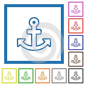 Anchor outline flat framed icons