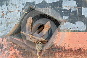 Anchor is in a regular place on the hull of a river vessel