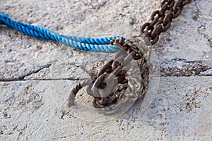 Anchor rope and chain in sea port