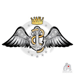 Anchor with rope with gold crown between wings on white. Sport logo for any yachting or sailing team
