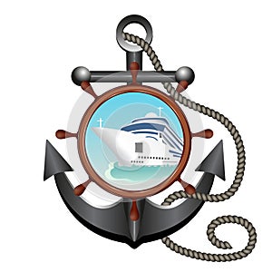 Anchor, rope, helm and porthole with the ship. Concept advertising sea travel. Vector