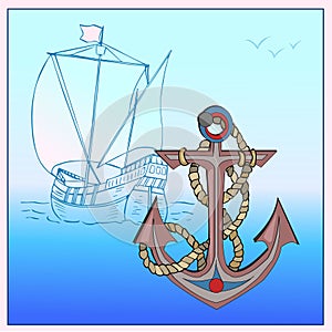 Anchor with rope. Sailing ship sails on the sea. Marine element. The stylized ship.