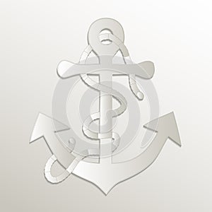 Anchor with rope, symbol icon, card paper 3D natural