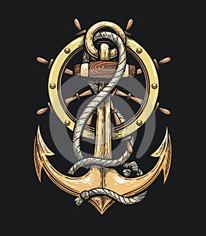 Anchor in Ropes and Ship Wheel