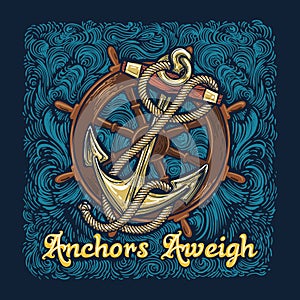 Anchor in Ropes with Ship Wheel Retro Poster photo