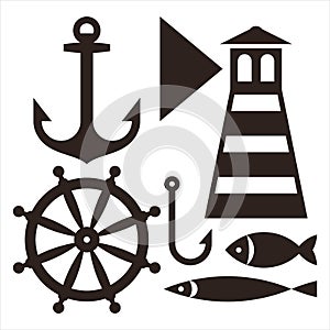 Anchor, Rudder, Lighthouse, Hook and Fish