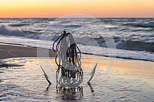 Anchor on the sandy shore of the Caribbean. Seascape at sunrise